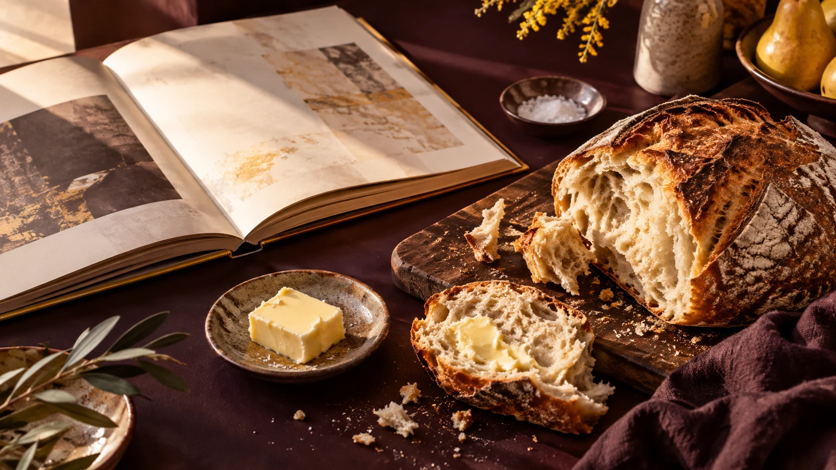 Offenes Buch neben Brot und Butter auf einem Holztisch