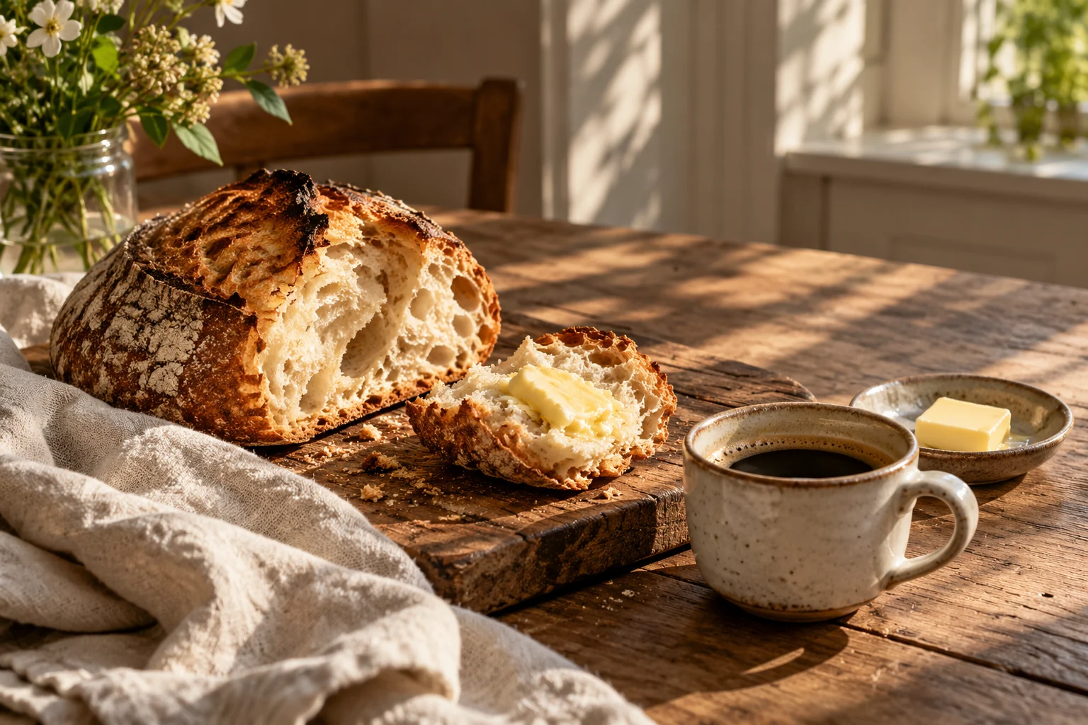 Frisches Brot, Butter und Kaffee im weichen Morgenlicht
