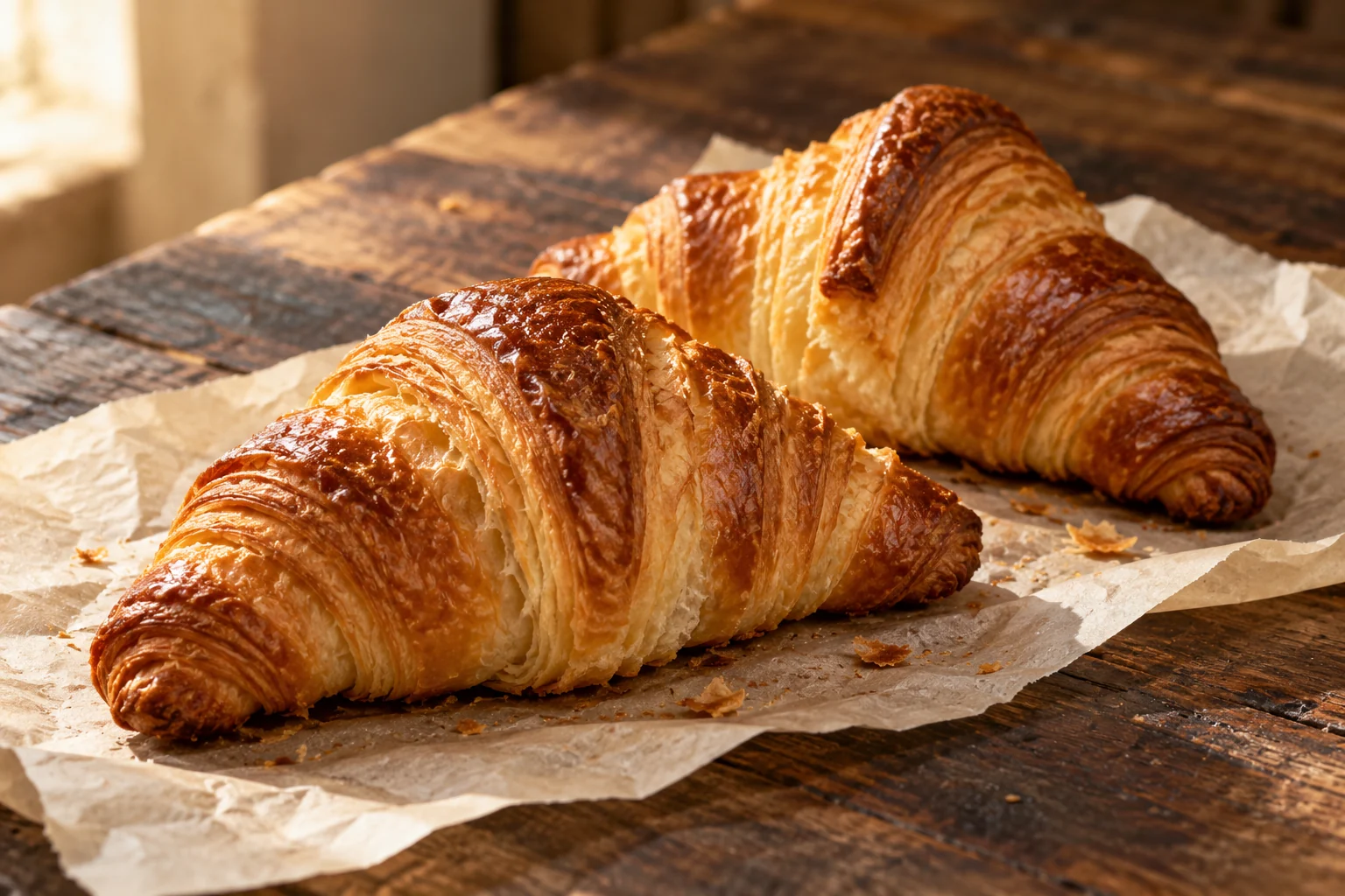 Goldene Buttercroissants mit feinen Blätterteigschichten