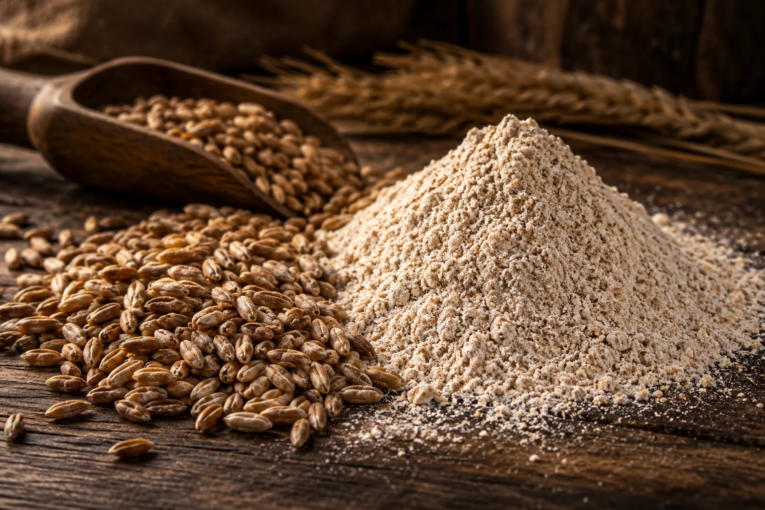 Roggenkörner und frisch gemahlenes Mehl auf einem dunklen Holztisch