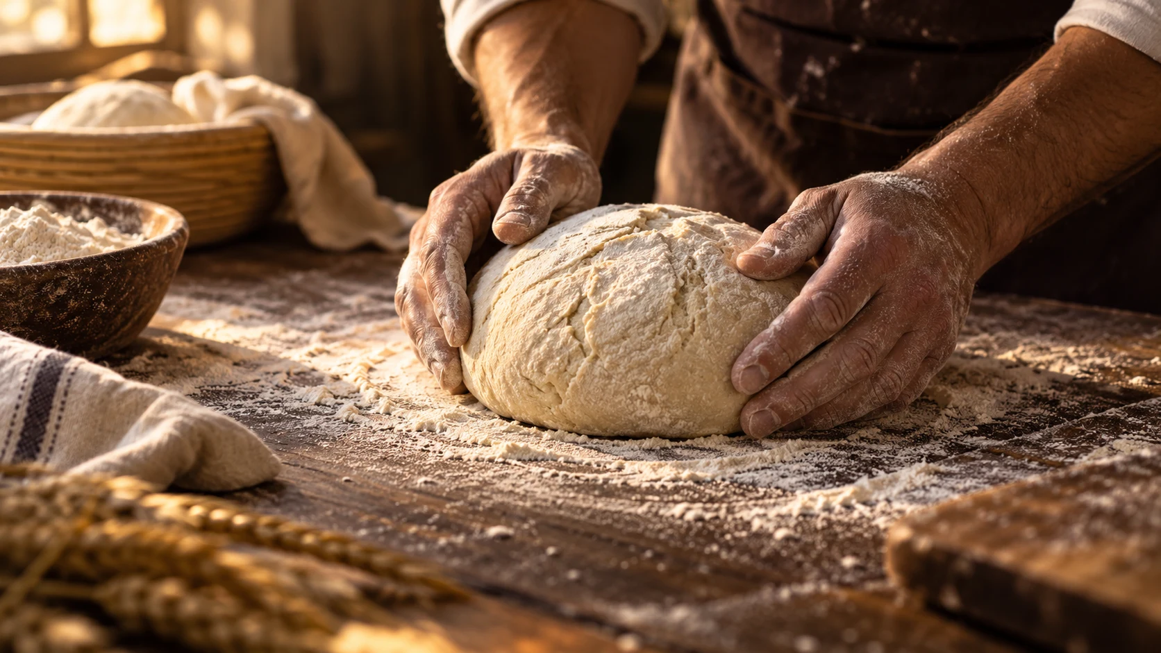 Mehlbestäubte Hände bei der Arbeit mit frischem Brotteig