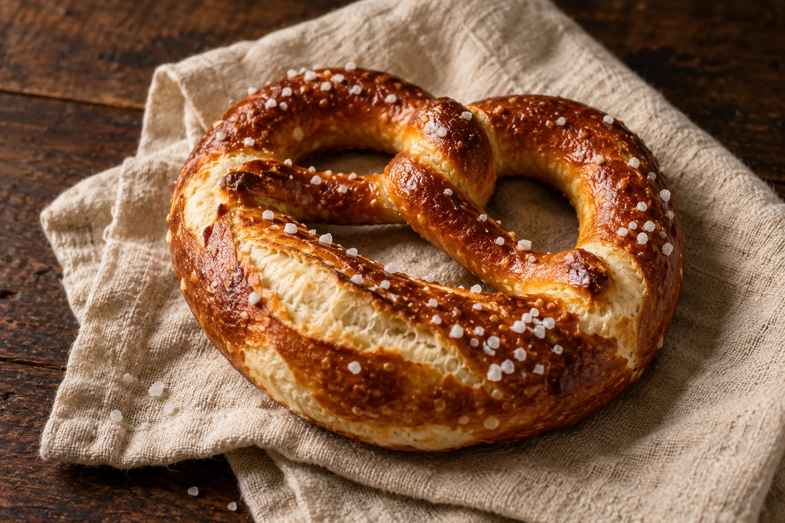 Goldbraune Laugenbrezel mit grobem Salz auf Leinen